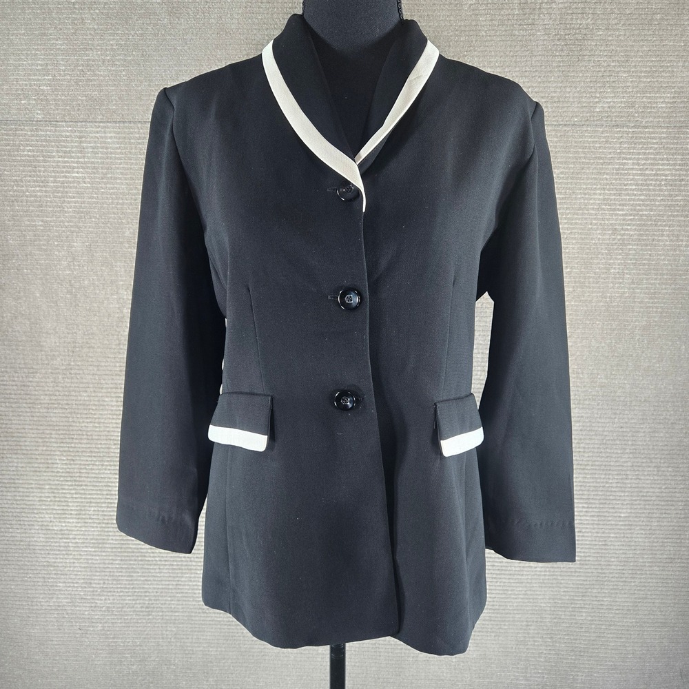 Danny & Nicole Womens 10P Black White Contrast Trim Button Front Blazer